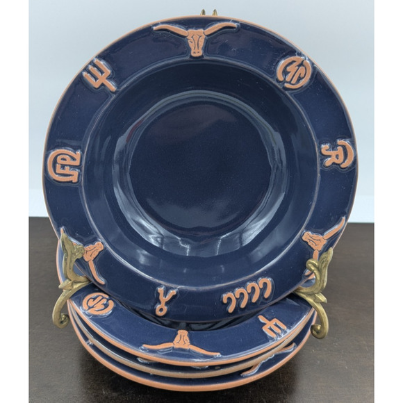Frankoma Pottery Ranch Navy Blue Rim Soup Bowl set of 4 Cattle Brands 7-3/4" - Picture 1 of 12